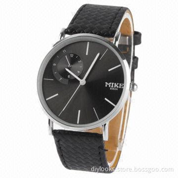 Wholesale Men's Quartz Watch with Black Leather Watchband